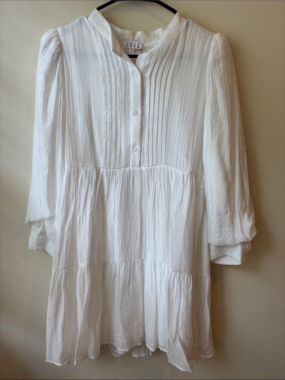 TCEC White Cotton Tiered Button Babydoll Dress With Puff sleeves